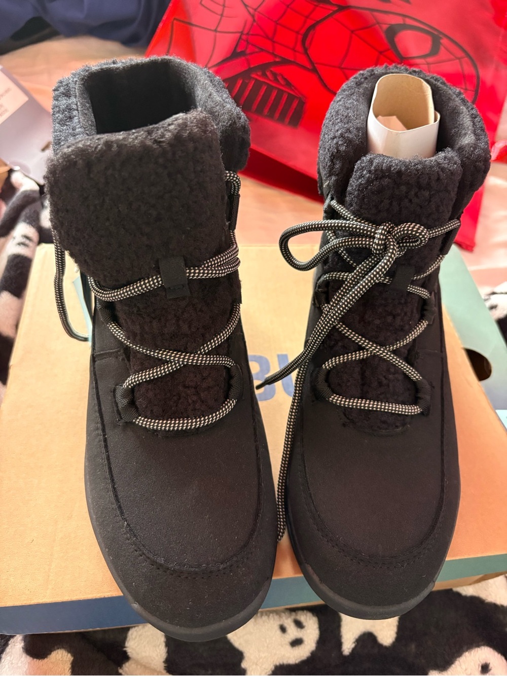JBU Black Fleece-Trim Winter Lace-Up Boots